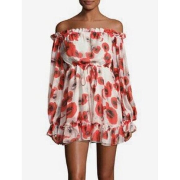 New Nicholas Silk Poppy Floral Dress Womens 8 Off Shoulder Mini - Picture 1 of 8